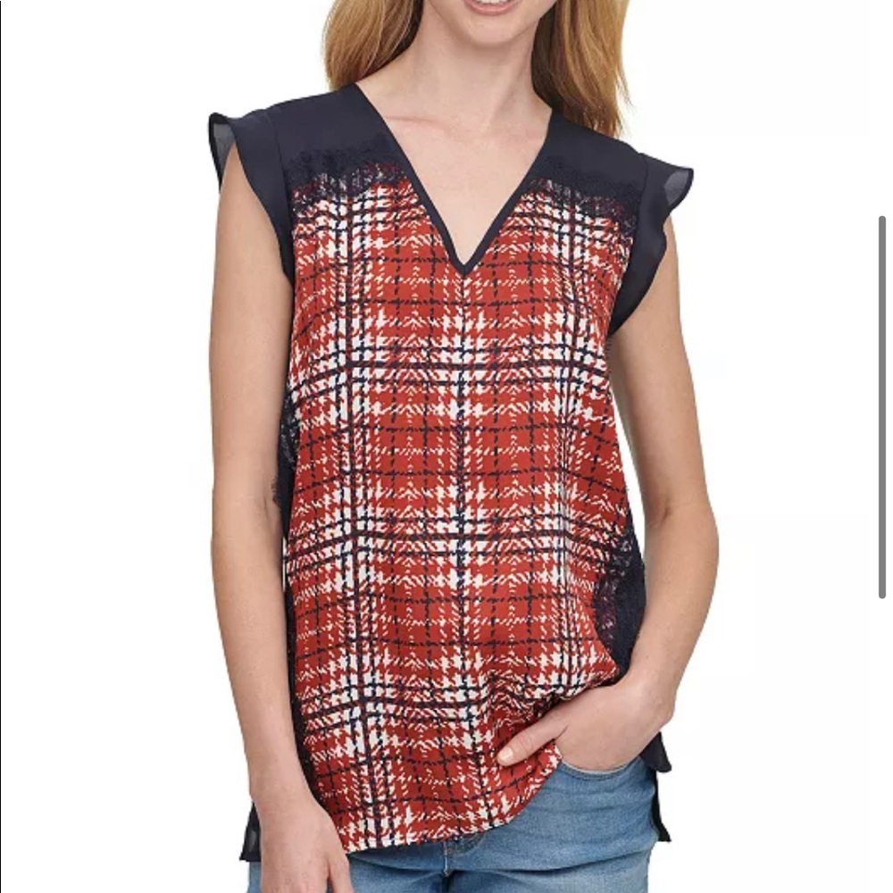 NWT DKNY Printed Lace-Trim Top large